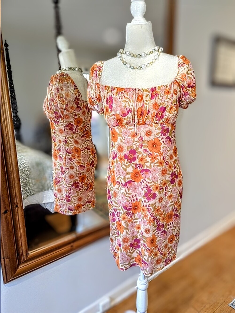 Primark Pink & Orange Floral Square-Neck Puff Sleeve Mini Dress